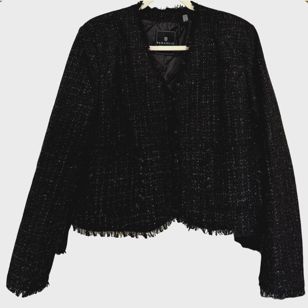 Bagatelle Collection Tweed Fringe Trim Open Jacket Blazer XL
